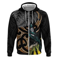 Aotearoa Kowhai Tui Bird Zip Hoodie Maori Ngaru With Silver Fern LT14 Zip Hoodie Black - Polynesian Pride
