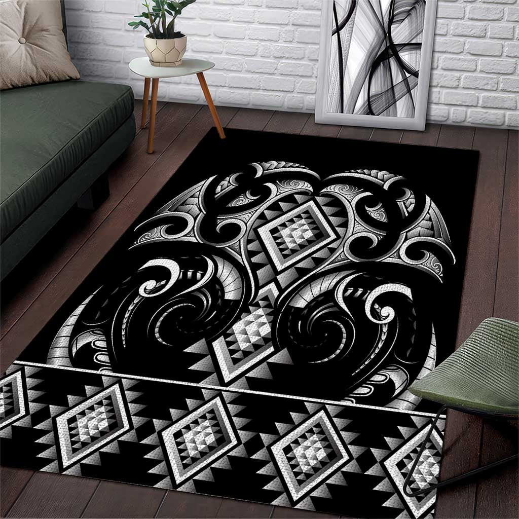 Black Ngaru Taniko With Aotearoa Maori Tattoo Area Rug