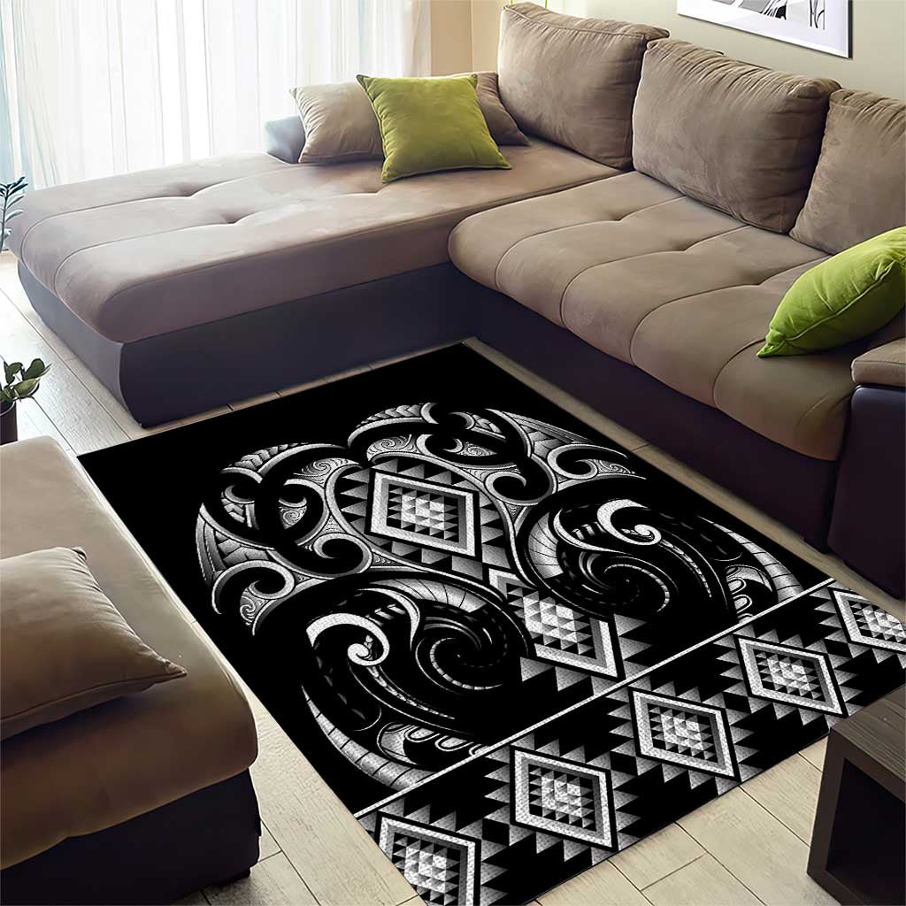 Black Ngaru Taniko With Aotearoa Maori Tattoo Area Rug