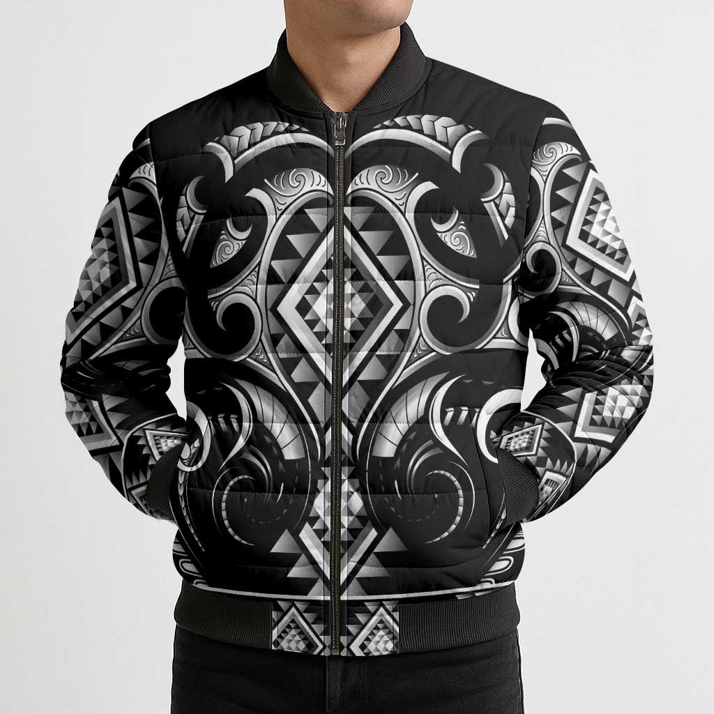 Black Ngaru Taniko With Aotearoa Maori Tattoo Bomber Puffer Jacket - Polynesian Pride