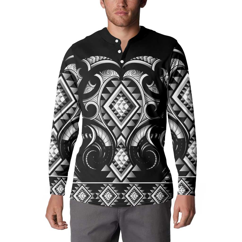 Black Ngaru Taniko With Aotearoa Maori Tattoo Button Sweatshirt LT14 - Polynesian Pride