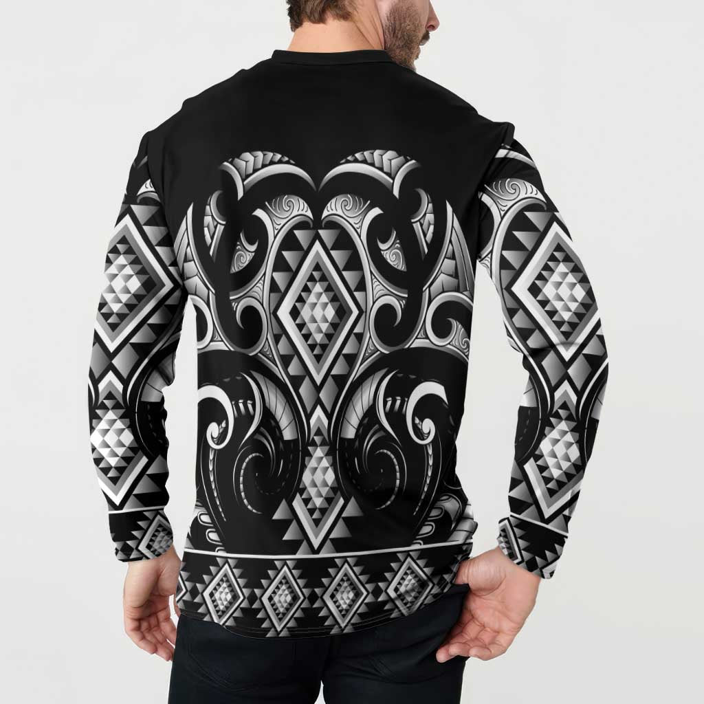 Black Ngaru Taniko With Aotearoa Maori Tattoo Button Sweatshirt LT14 - Polynesian Pride