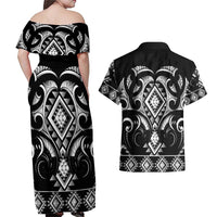 Black Ngaru Taniko With Aotearoa Maori Tattoo Couples Matching Off Shoulder Maxi Dress and Hawaiian Shirt