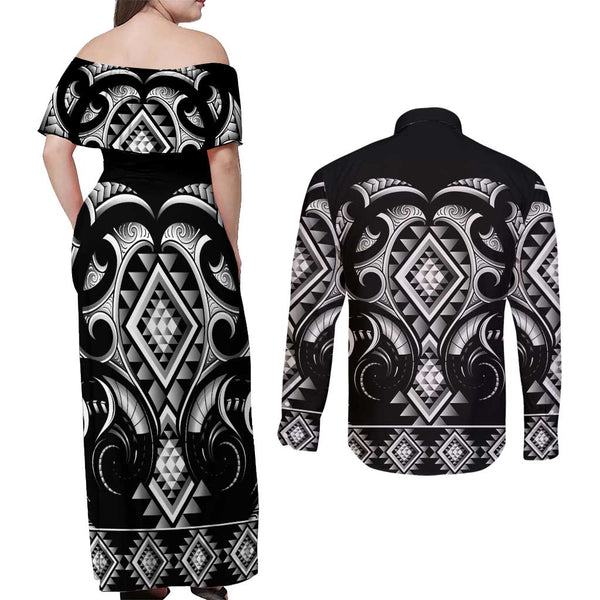 New Zealand Aotearoa Rugby Couples Matching Off Shoulder Short Dress and Long Sleeve Button Shirts NZ Tiki With Maori Fern World Cup Green Version LT14 main image 0