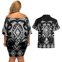 Black Ngaru Taniko With Aotearoa Maori Tattoo Couples Matching Off Shoulder Short Dress and Hawaiian Shirt