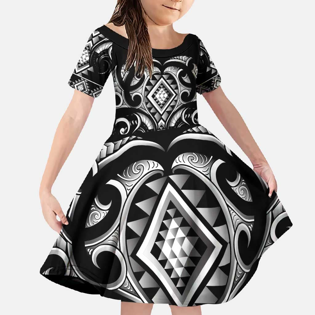 Black Ngaru Taniko With Aotearoa Maori Tattoo Family Matching Long Sleeve Bodycon Dress and Hawaiian Shirt LT14 Daughter's Dress Black - Polynesian Pride
