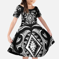 Black Ngaru Taniko With Aotearoa Maori Tattoo Family Matching Long Sleeve Bodycon Dress and Hawaiian Shirt LT14 Daughter's Dress Black - Polynesian Pride
