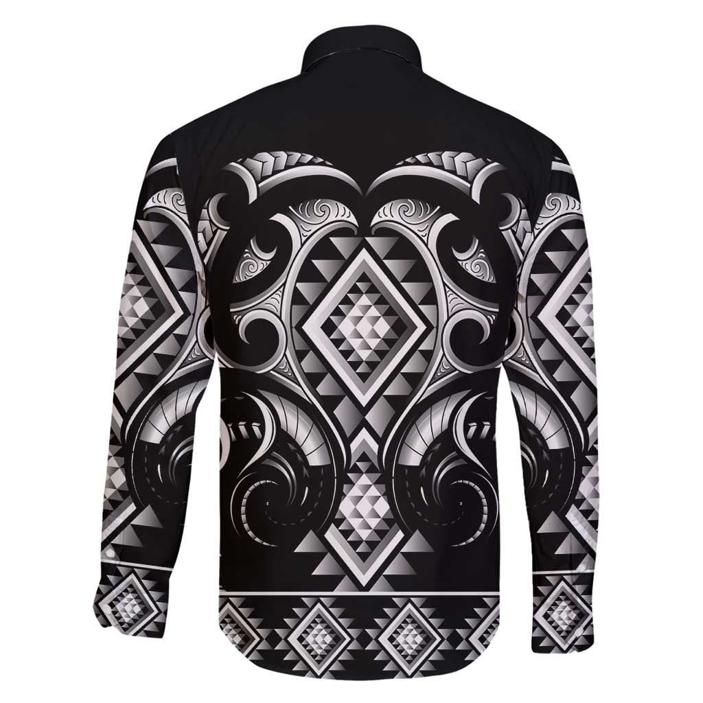 Black Ngaru Taniko With Aotearoa Maori Tattoo Family Matching Long Sleeve Bodycon Dress and Hawaiian Shirt LT14 - Polynesian Pride
