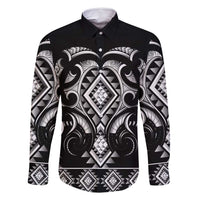 Black Ngaru Taniko With Aotearoa Maori Tattoo Family Matching Mermaid Dress and Hawaiian Shirt LT14 Dad's Shirt - Long Sleeve Black - Polynesian Pride