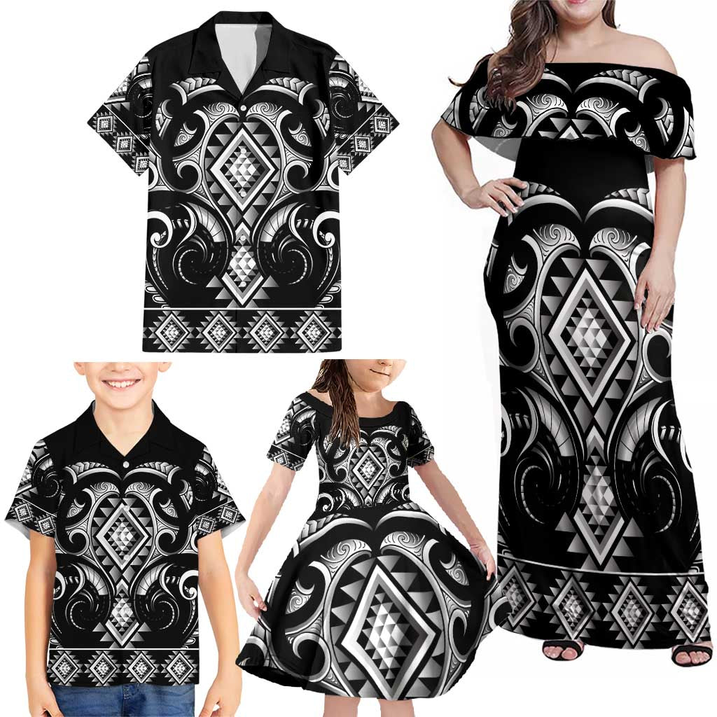 Black Ngaru Taniko With Aotearoa Maori Tattoo Family Matching Off Shoulder Maxi Dress and Hawaiian Shirt