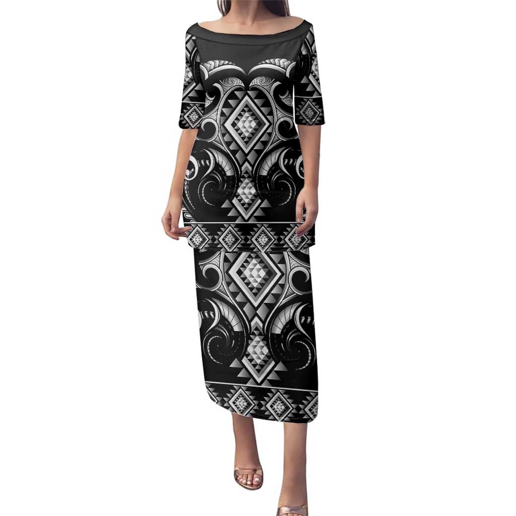 Black Ngaru Taniko With Aotearoa Maori Tattoo Family Matching Puletasi and Hawaiian Shirt