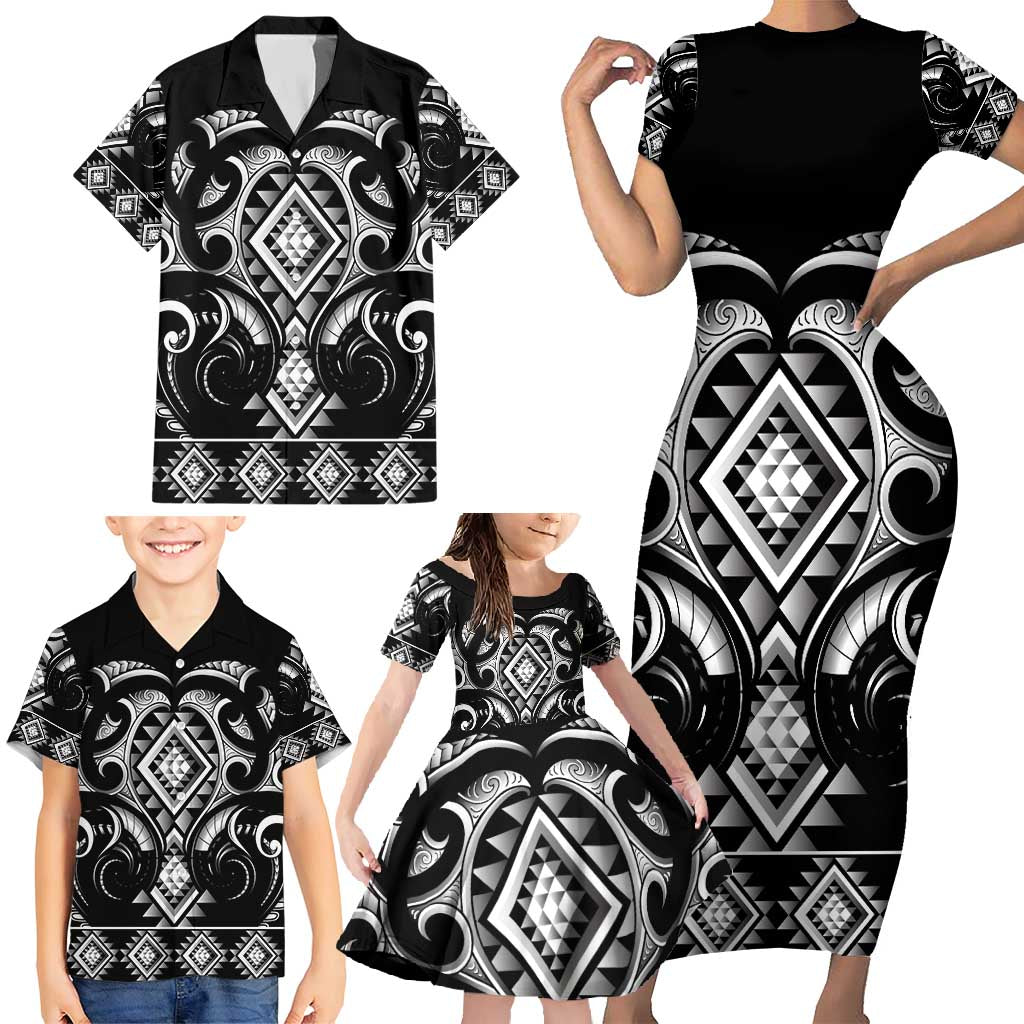 Black Ngaru Taniko With Aotearoa Maori Tattoo Family Matching Short Sleeve Bodycon Dress and Hawaiian Shirt
