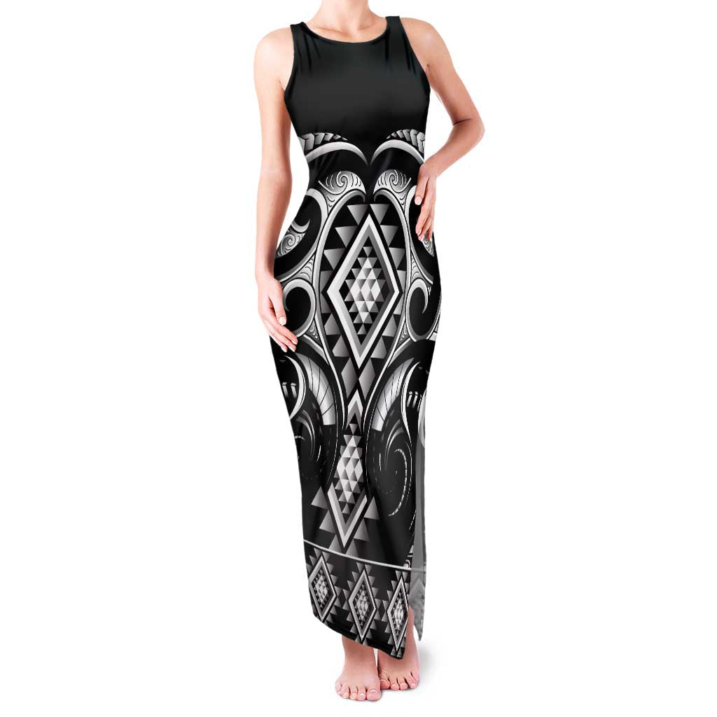 Black Ngaru Taniko With Aotearoa Maori Tattoo Family Matching Tank Maxi Dress and Hawaiian Shirt