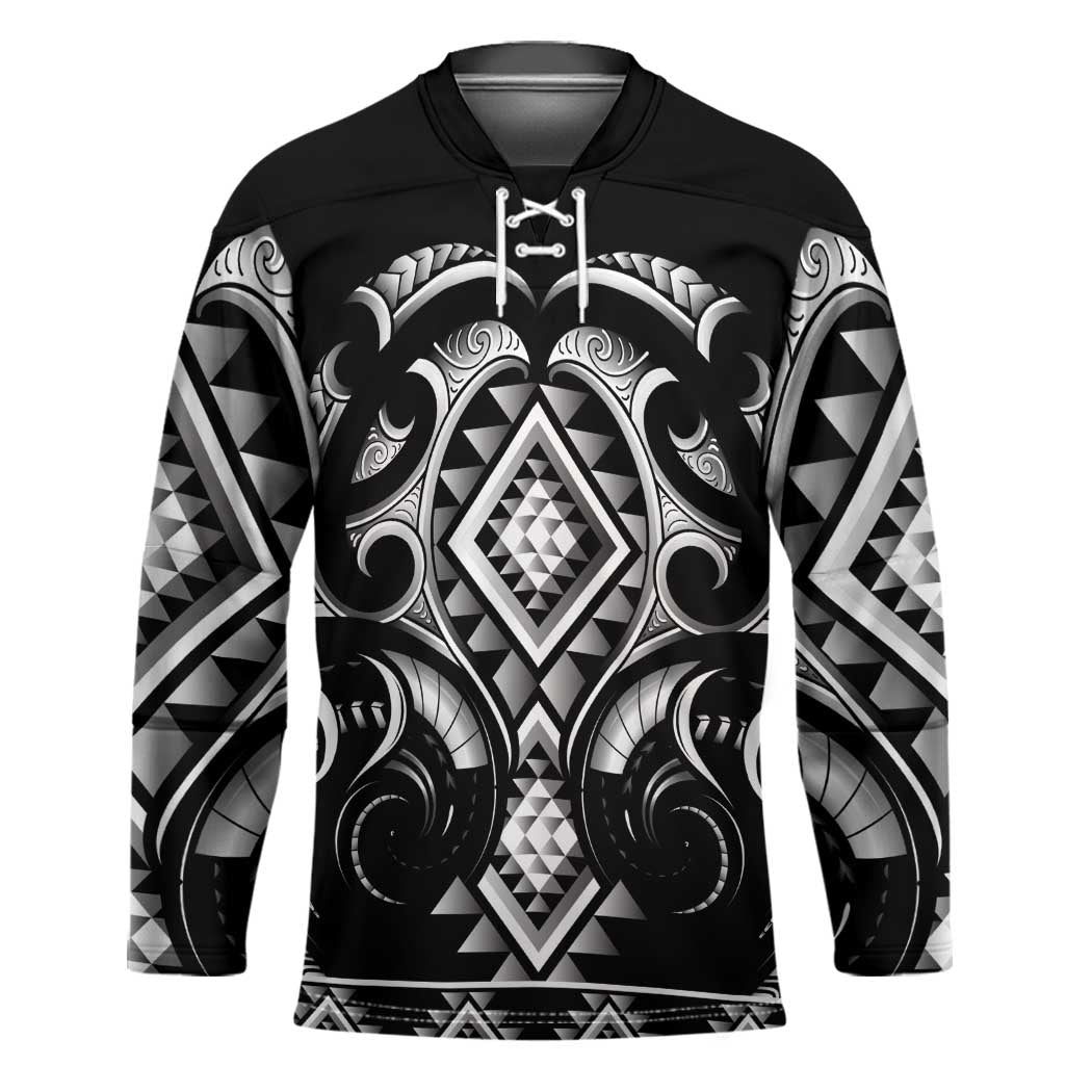 Black Ngaru Taniko With Aotearoa Maori Tattoo Hockey Jersey LT14 Unisex Black - Polynesian Pride
