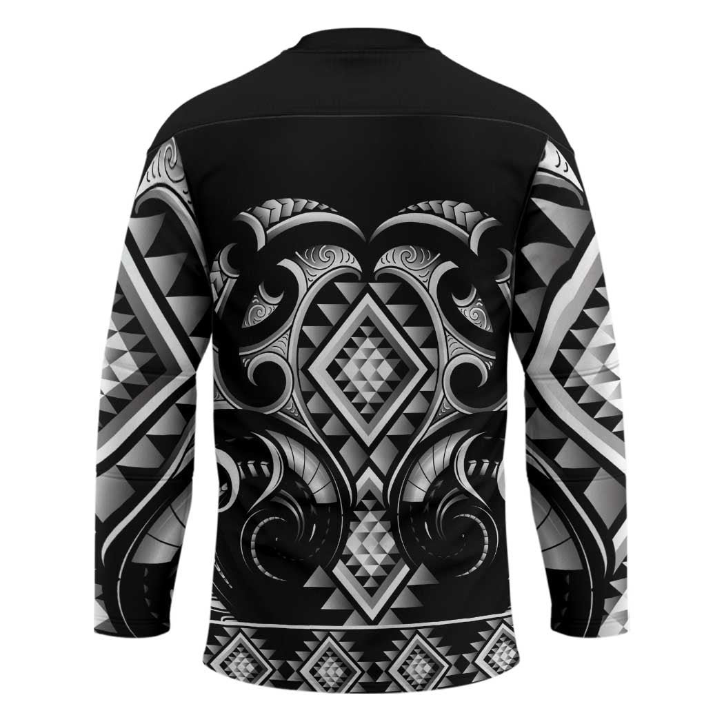 Black Ngaru Taniko With Aotearoa Maori Tattoo Hockey Jersey LT14 - Polynesian Pride
