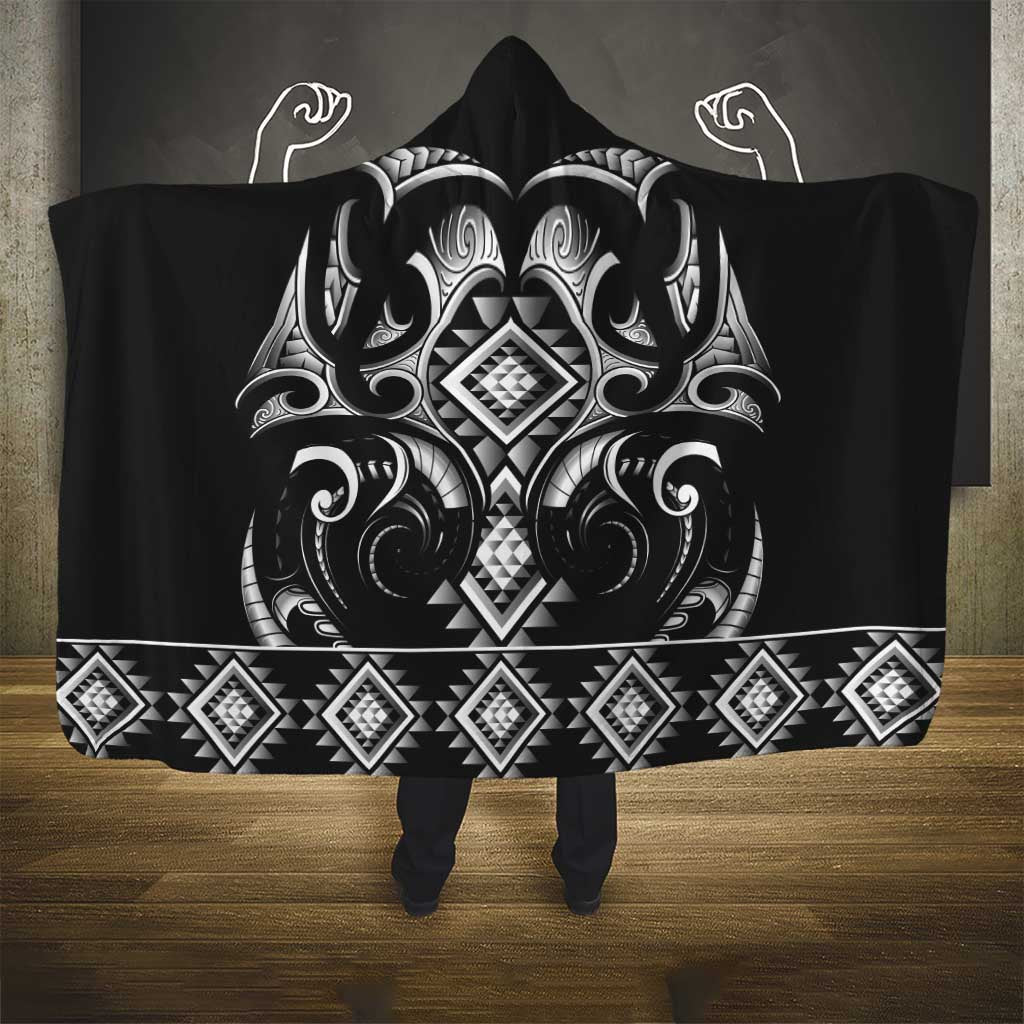 Black Ngaru Taniko With Aotearoa Maori Tattoo Hooded Blanket