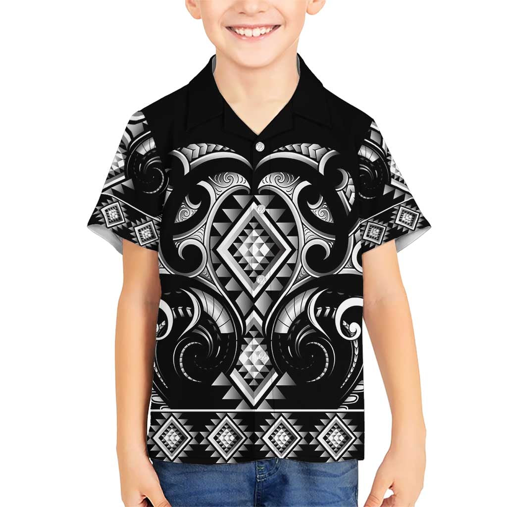 Black Ngaru Taniko With Aotearoa Maori Tattoo Kid Hawaiian Shirt LT14 Kid Black - Polynesian Pride
