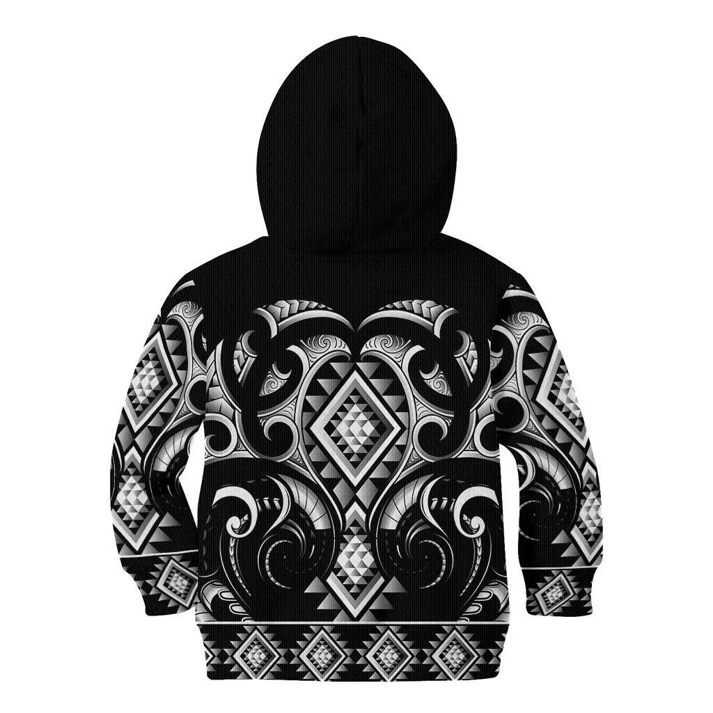 Black Ngaru Taniko With Aotearoa Maori Tattoo Kid Hoodie