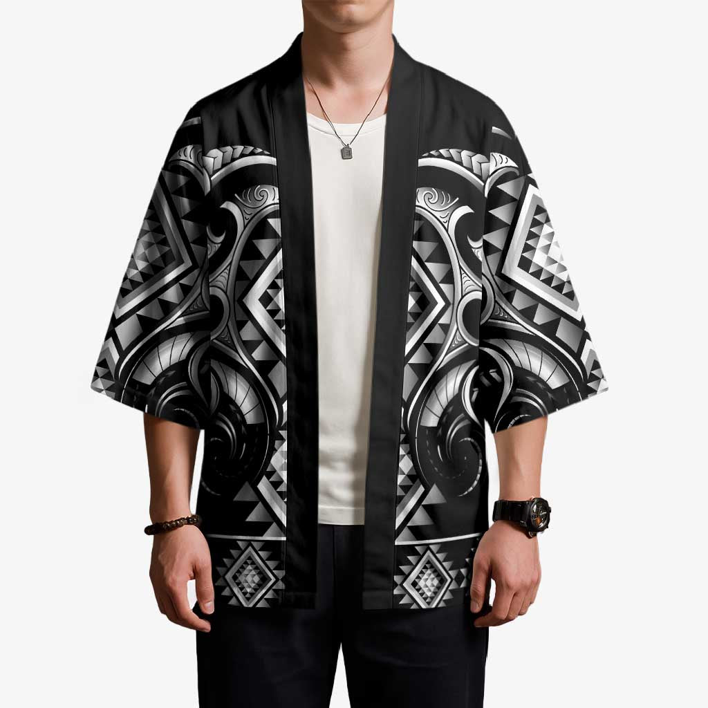 Black Ngaru Taniko With Aotearoa Maori Tattoo Kimono - Polynesian Pride