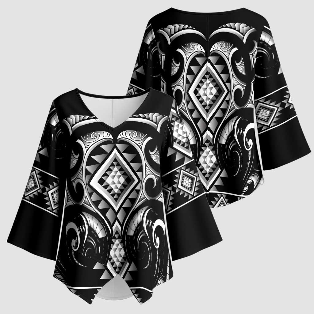 Black Ngaru Taniko With Aotearoa Maori Tattoo Kimono Sleeve Blouse - Polynesian Pride
