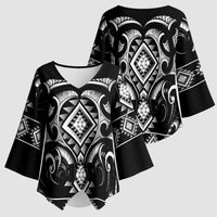 Black Ngaru Taniko With Aotearoa Maori Tattoo Kimono Sleeve Blouse - Polynesian Pride