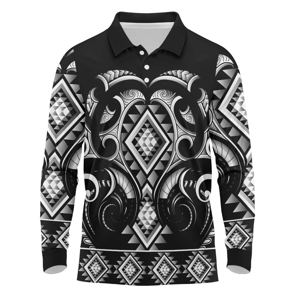 Black Ngaru Taniko With Aotearoa Maori Tattoo Long Sleeve Polo Shirt