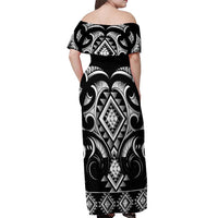 Black Ngaru Taniko With Aotearoa Maori Tattoo Off Shoulder Maxi Dress