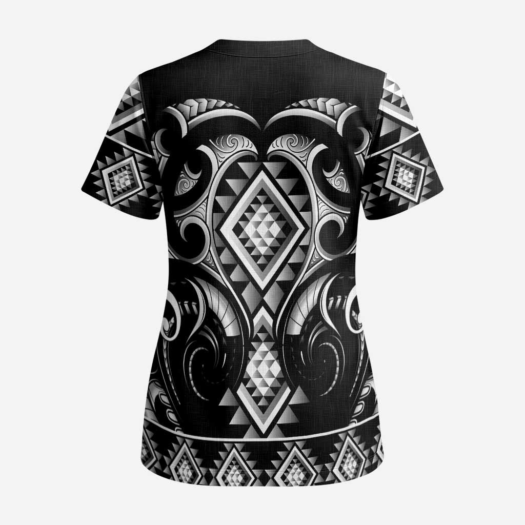 Black Ngaru Taniko With Aotearoa Maori Tattoo Scrub Top - Polynesian Pride