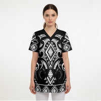 Black Ngaru Taniko With Aotearoa Maori Tattoo Scrub Top - Polynesian Pride
