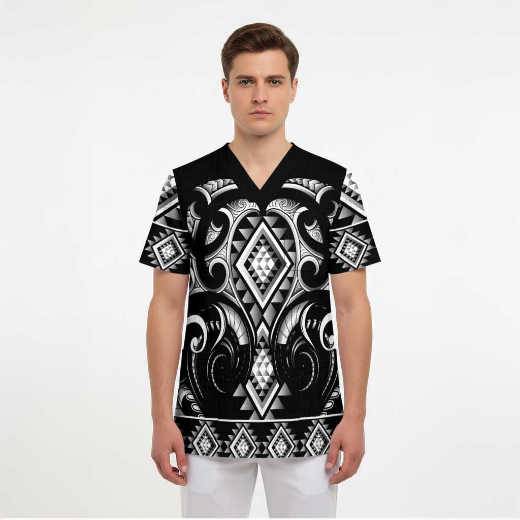 Black Ngaru Taniko With Aotearoa Maori Tattoo Scrub Top - Polynesian Pride