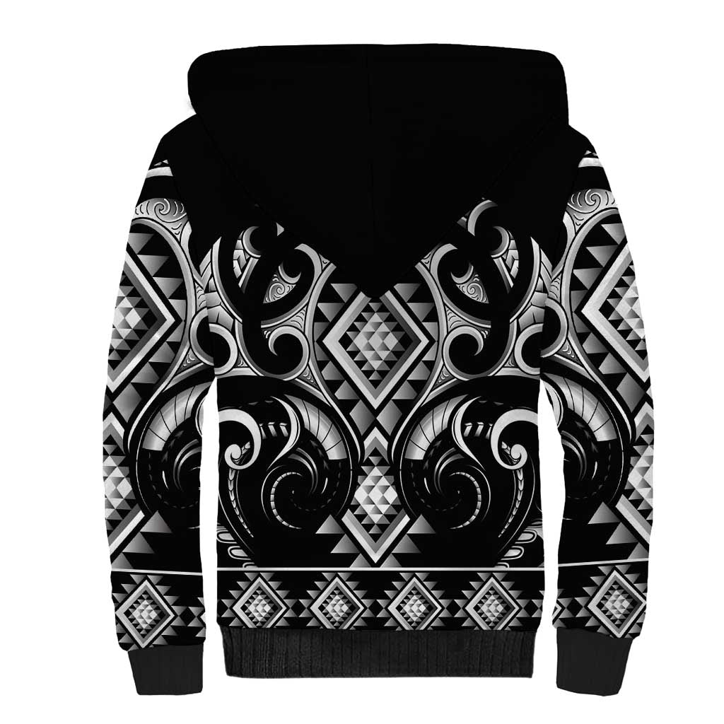 Black Ngaru Taniko With Aotearoa Maori Tattoo Sherpa Hoodie