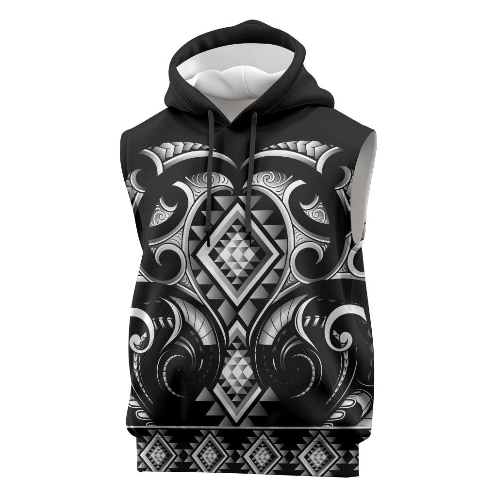 Black Ngaru Taniko With Aotearoa Maori Tattoo Sleeveless Hoodie - Polynesian Pride