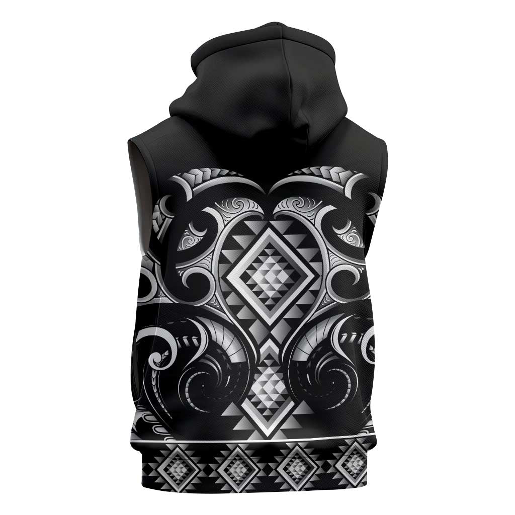 Black Ngaru Taniko With Aotearoa Maori Tattoo Sleeveless Hoodie LT14 - Polynesian Pride