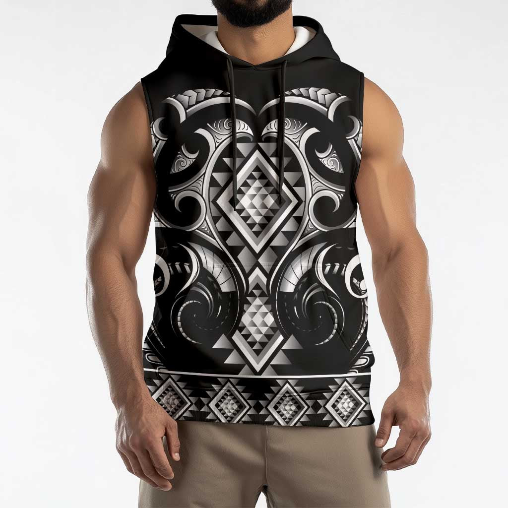 Black Ngaru Taniko With Aotearoa Maori Tattoo Sleeveless Hoodie LT14 - Polynesian Pride