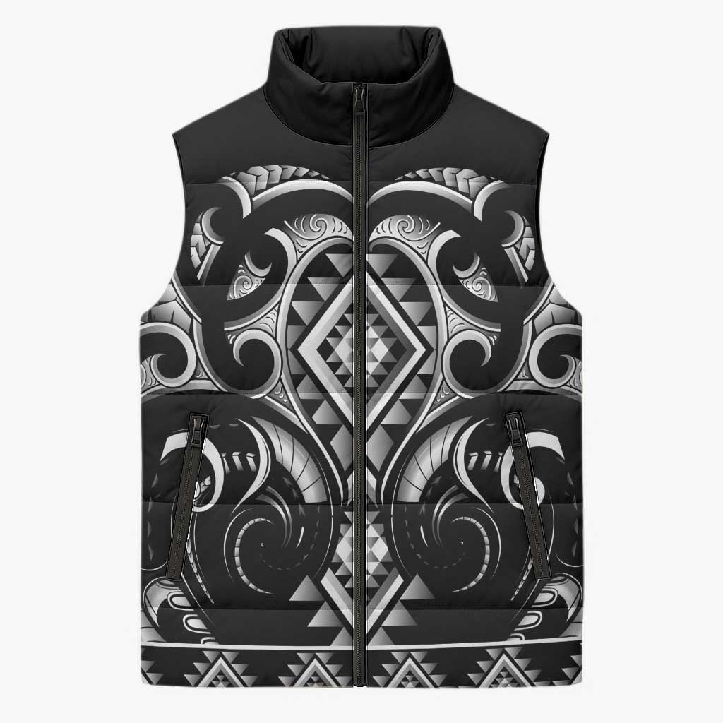 Black Ngaru Taniko With Aotearoa Maori Tattoo Sleeveless Puffer Jacket LT14 Unisex Black - Polynesian Pride