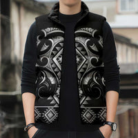 Black Ngaru Taniko With Aotearoa Maori Tattoo Sleeveless Puffer Jacket LT14 - Polynesian Pride