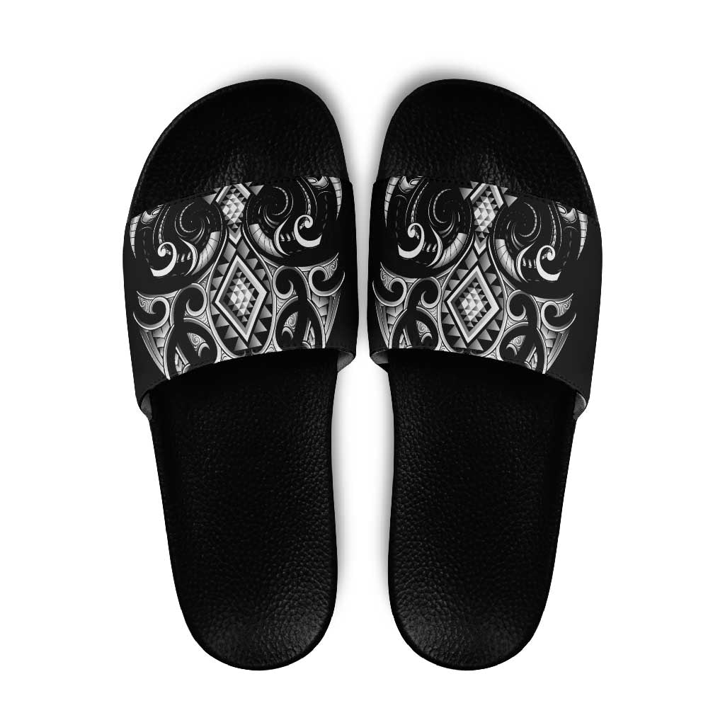 Black Ngaru Taniko With Aotearoa Maori Tattoo Slide Sandals - Polynesian Pride