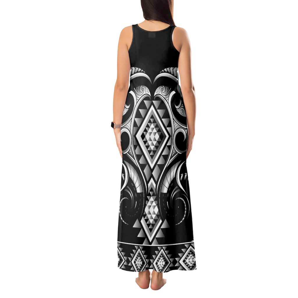 Black Ngaru Taniko With Aotearoa Maori Tattoo Tank Maxi Dress