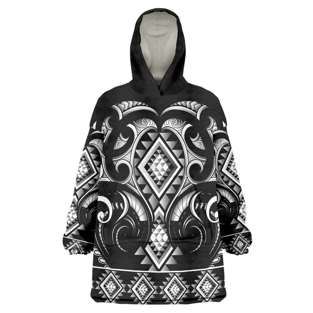 Black Ngaru Taniko With Aotearoa Maori Tattoo Wearable Blanket Hoodie LT14 One Size Black - Polynesian Pride