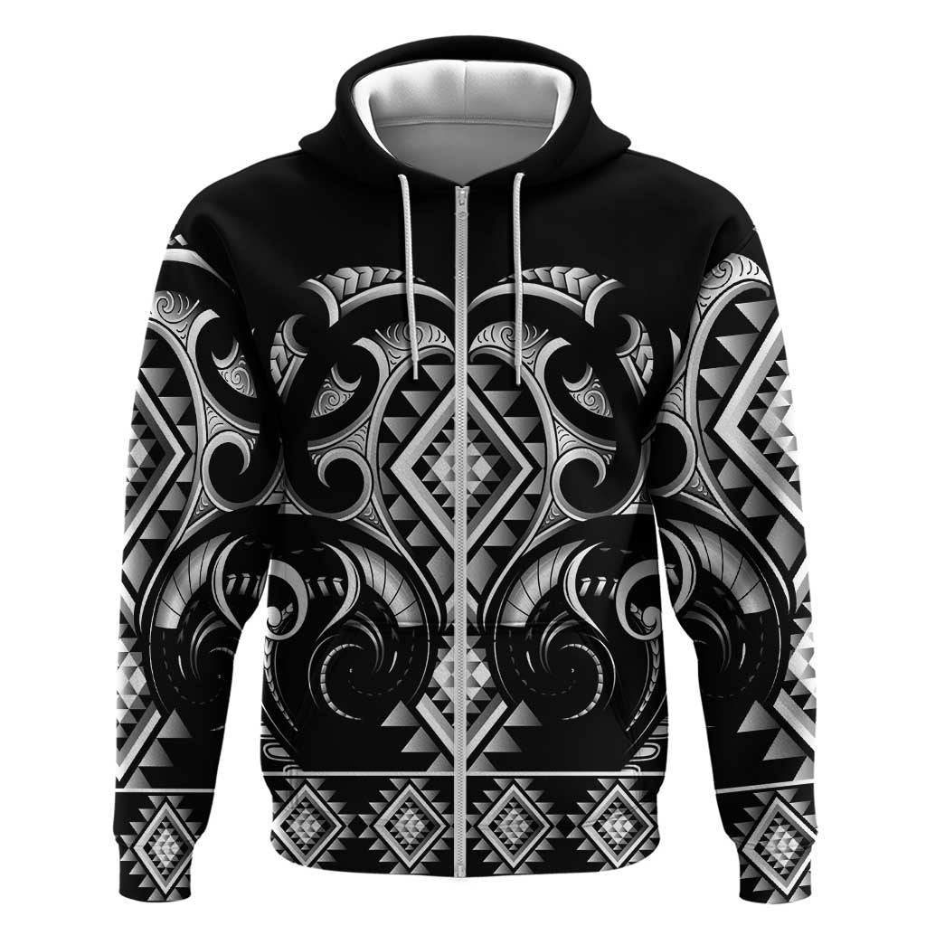 Black Ngaru Taniko With Aotearoa Maori Tattoo Zip Hoodie LT14 Zip Hoodie Black - Polynesian Pride