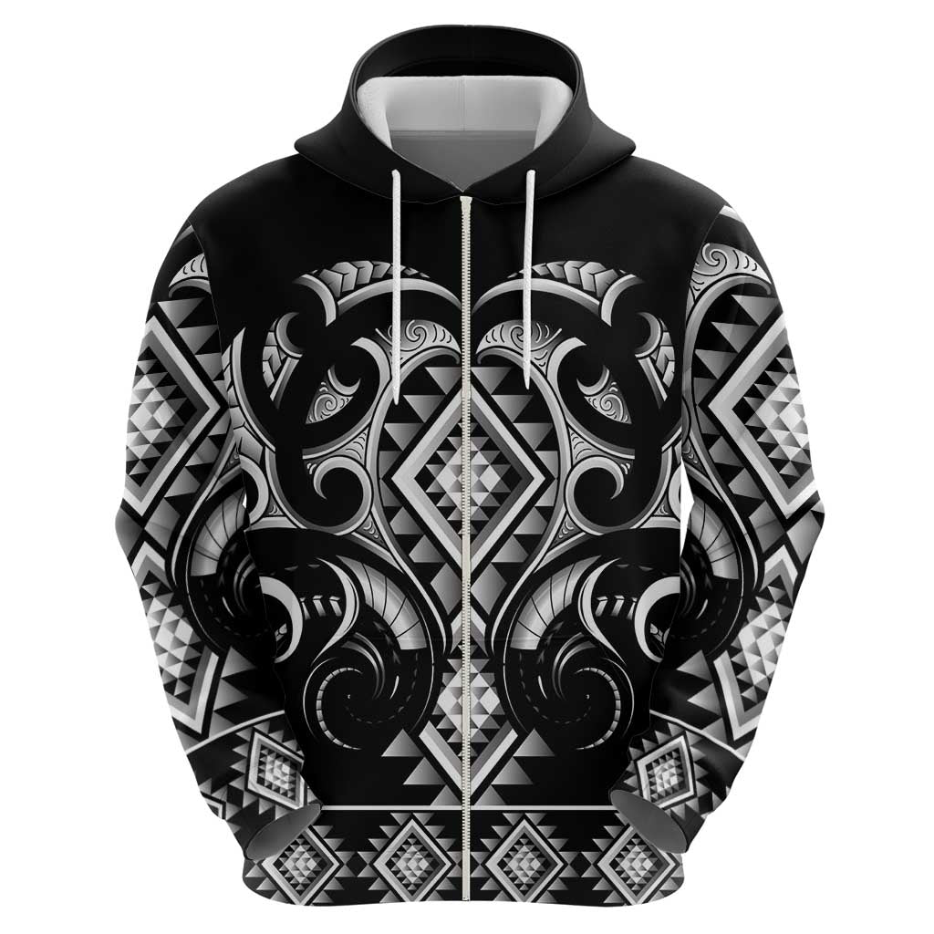 Black Ngaru Taniko With Aotearoa Maori Tattoo Zip Hoodie LT14 - Polynesian Pride