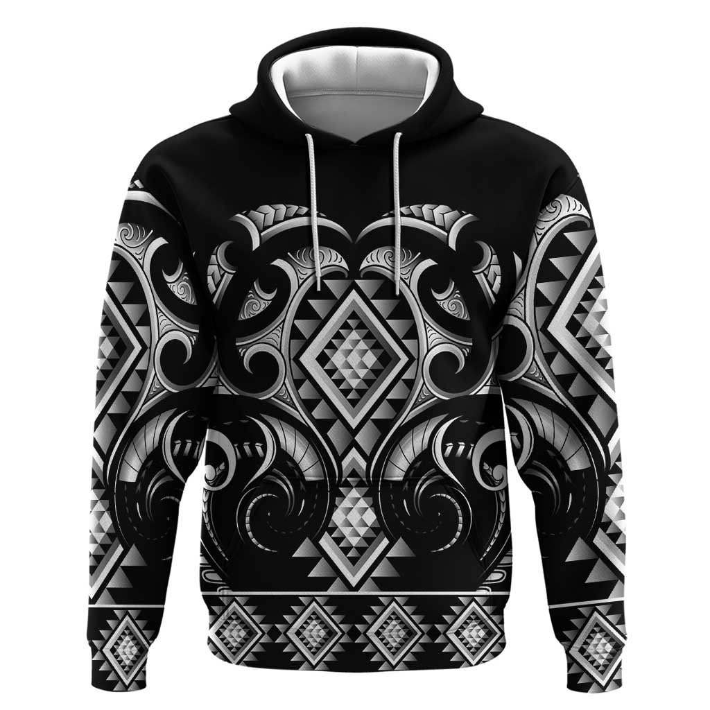 Black Ngaru Taniko With Aotearoa Maori Tattoo Zip Hoodie LT14 Pullover Hoodie Black - Polynesian Pride