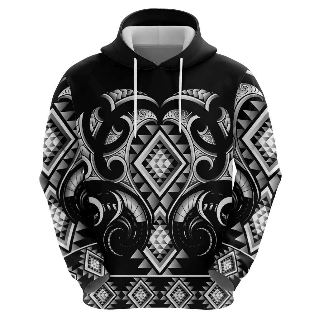 Black Ngaru Taniko With Aotearoa Maori Tattoo Zip Hoodie LT14 - Polynesian Pride