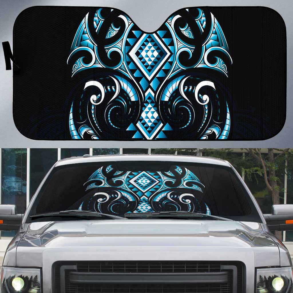 Blue Ngaru Taniko With Aotearoa Maori Tattoo Auto Sun Shade - Polynesian Pride