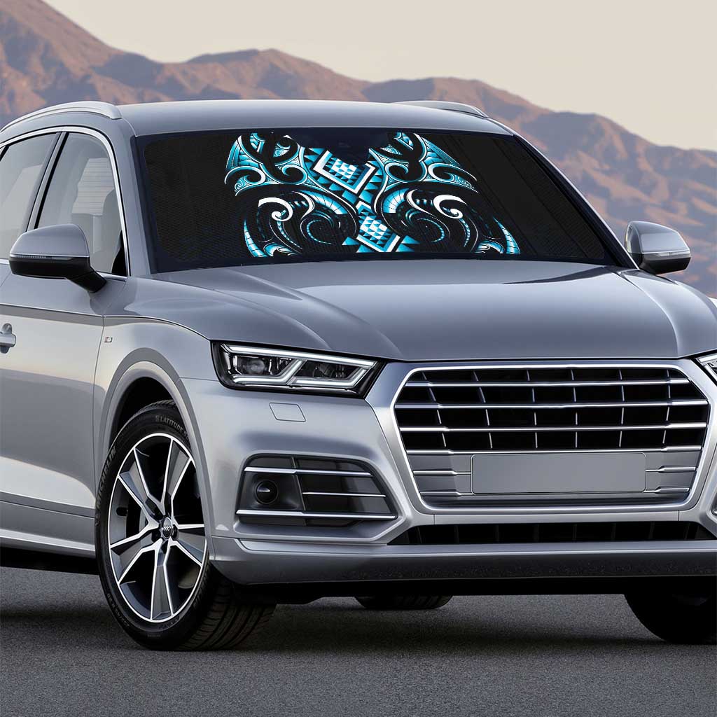 Blue Ngaru Taniko With Aotearoa Maori Tattoo Auto Sun Shade - Polynesian Pride