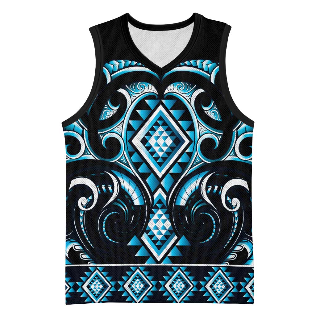 Blue Ngaru Taniko With Aotearoa Maori Tattoo Basketball Jersey LT14 Unisex Blue - Polynesian Pride