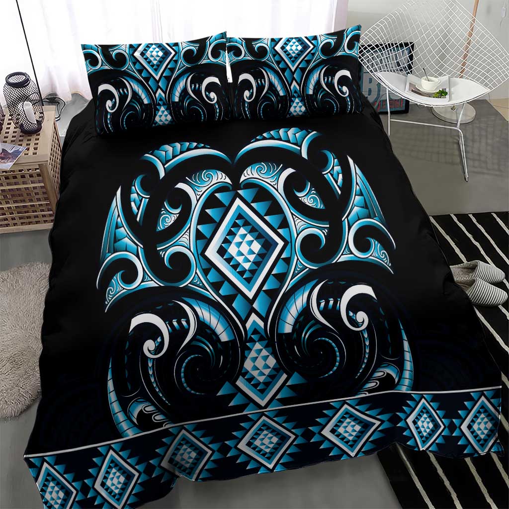 Blue Ngaru Taniko With Aotearoa Maori Tattoo Bedding Set