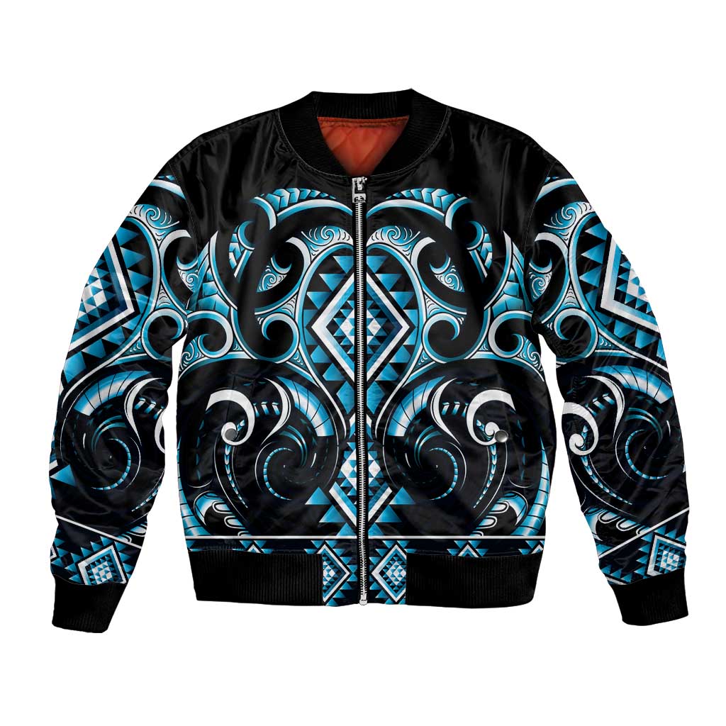 Blue Ngaru Taniko With Aotearoa Maori Tattoo Bomber Jacket LT14 Unisex Blue - Polynesian Pride