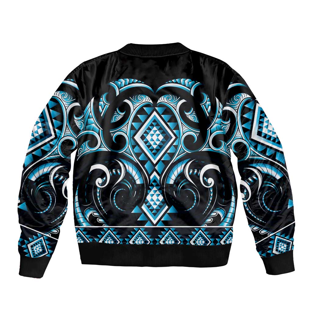 Blue Ngaru Taniko With Aotearoa Maori Tattoo Bomber Jacket LT14 - Polynesian Pride