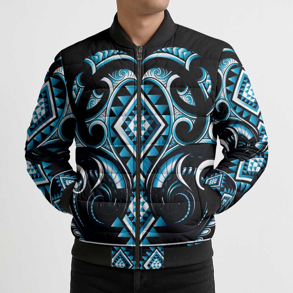 Blue Ngaru Taniko With Aotearoa Maori Tattoo Bomber Puffer Jacket LT14 - Polynesian Pride